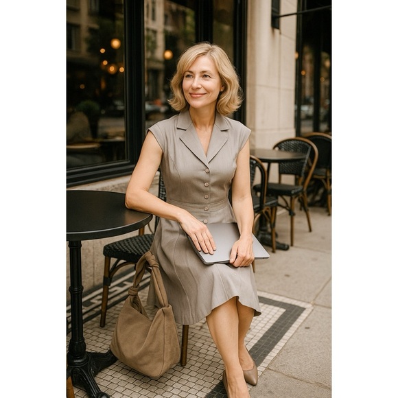 Calvin Klein Womens Gray Taupe A Line Midi Dress Collared Cap Sleeve Size 6 - Picture 3 of 10